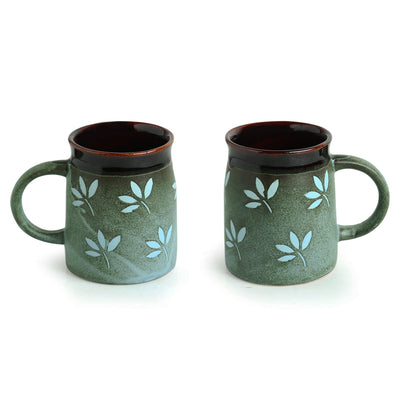 'Leaf Sips' Handpainted & Handglazed Studio Pottery Coffee & Tea Mugs In Ceramic (Set of 2)