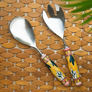 'The Mughal Patti' Handpainted Serving Spoon & Fork Set In Stainless Steel & Ceramic (Set of 2)
