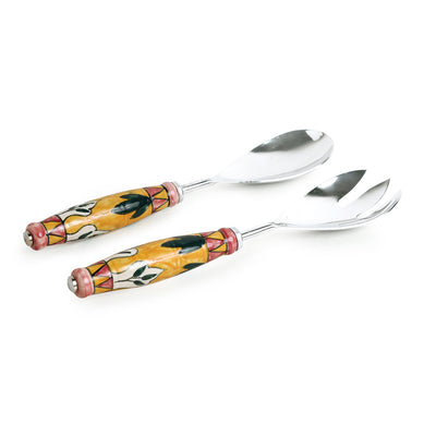 'The Mughal Patti' Handpainted Serving Spoon & Fork Set In Stainless Steel & Ceramic (Set of 2)