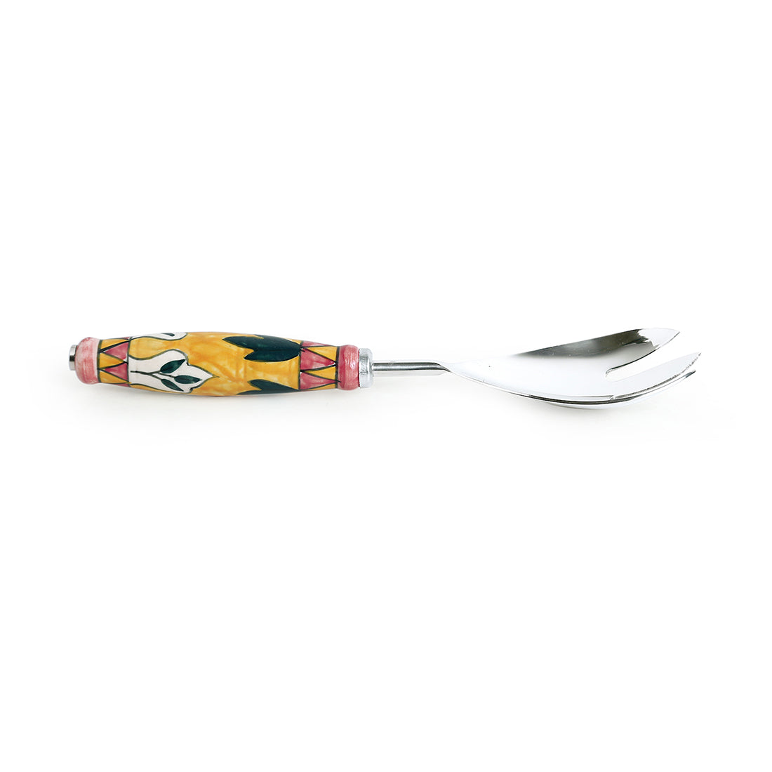 'The Mughal Patti' Handpainted Serving Spoon & Fork Set In Stainless Steel & Ceramic (Set of 2)