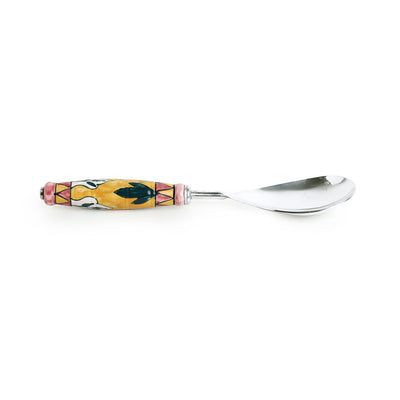 'The Mughal Patti' Handpainted Serving Spoon & Fork Set In Stainless Steel & Ceramic (Set of 2)