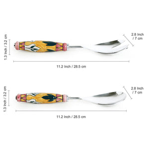 'The Mughal Patti' Handpainted Serving Spoon & Fork Set In Stainless Steel & Ceramic (Set of 2)