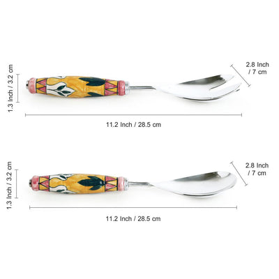'The Mughal Patti' Handpainted Serving Spoon & Fork Set In Stainless Steel & Ceramic (Set of 2)