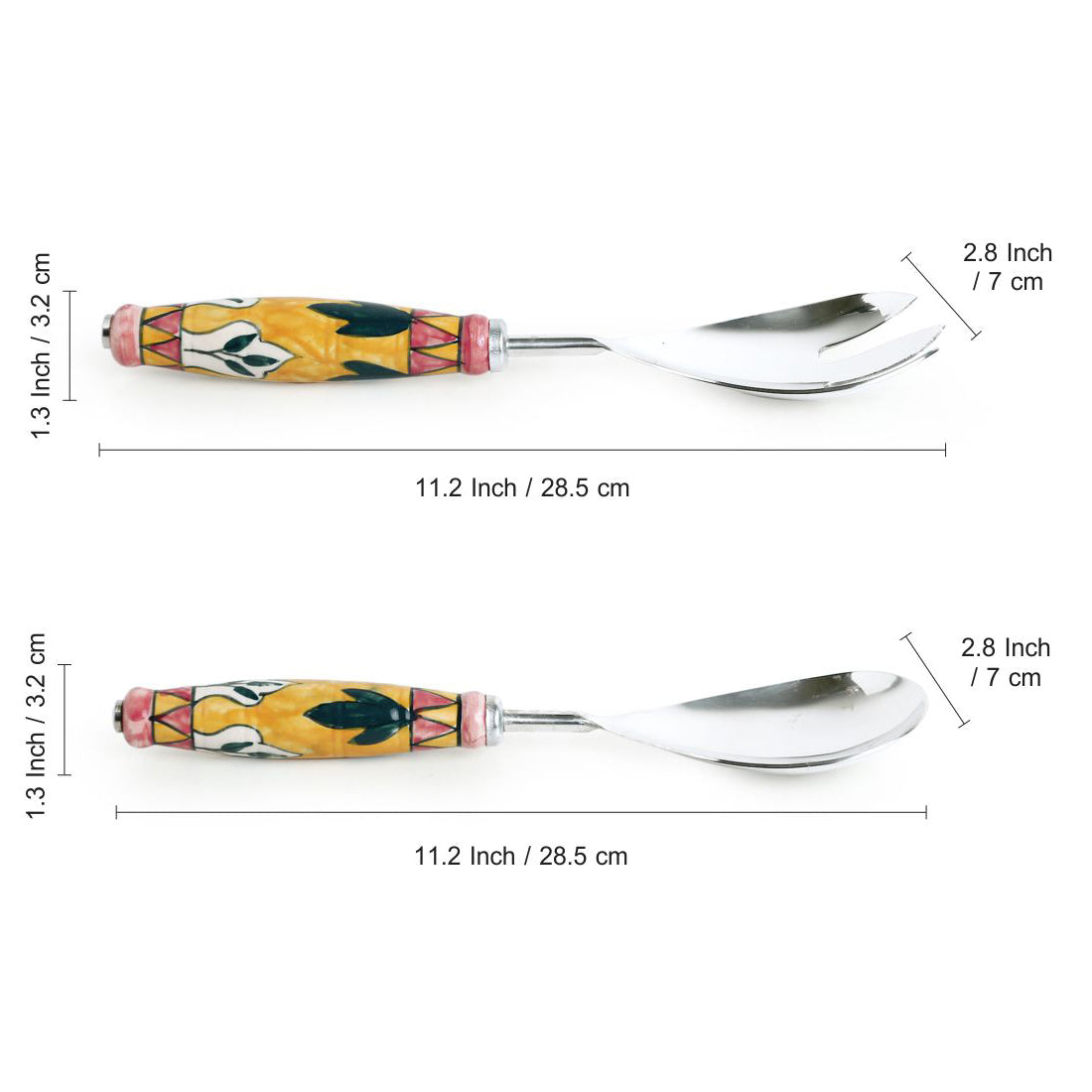 'The Mughal Patti' Handpainted Serving Spoon & Fork Set In Stainless Steel & Ceramic (Set of 2)