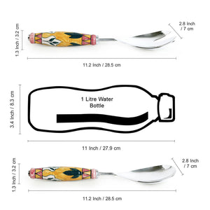 'The Mughal Patti' Handpainted Serving Spoon & Fork Set In Stainless Steel & Ceramic (Set of 2)