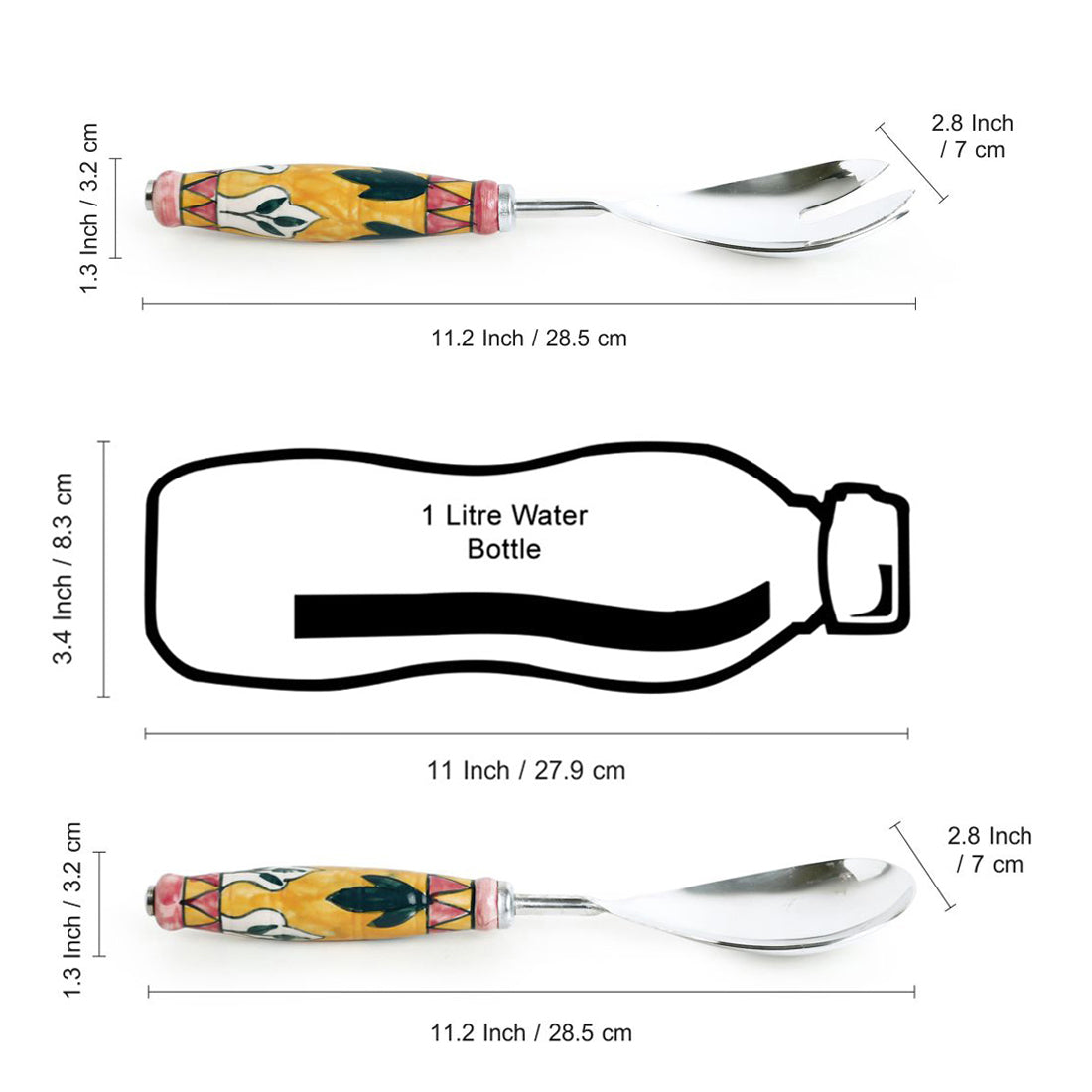 'The Mughal Patti' Handpainted Serving Spoon & Fork Set In Stainless Steel & Ceramic (Set of 2)