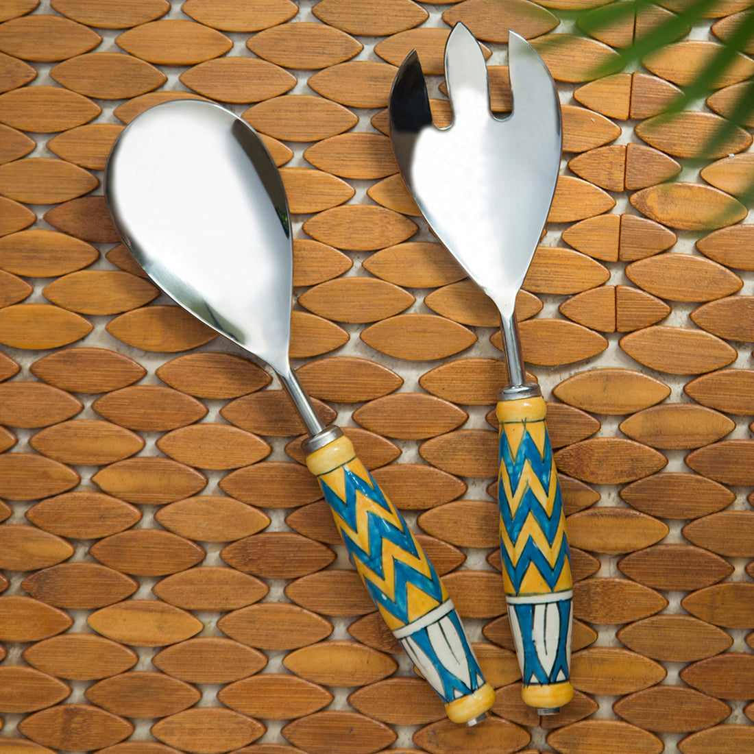 'The Mughal Paich Daar' Handpainted Serving Spoon & Fork Set In Stainless Steel & Ceramic (Set of 2)