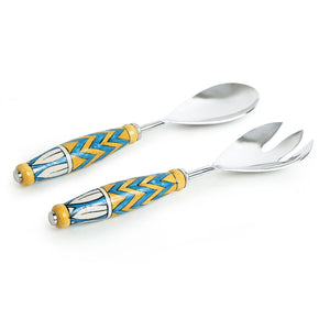 'The Mughal Paich Daar' Handpainted Serving Spoon & Fork Set In Stainless Steel & Ceramic (Set of 2)