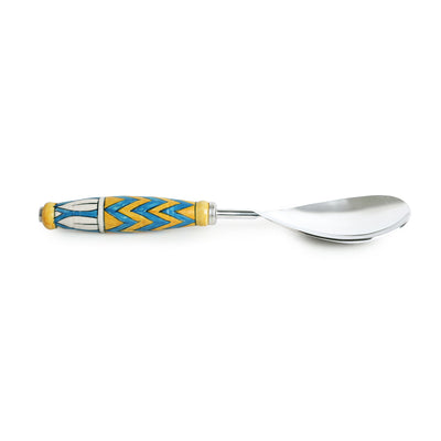 'The Mughal Paich Daar' Handpainted Serving Spoon & Fork Set In Stainless Steel & Ceramic (Set of 2)