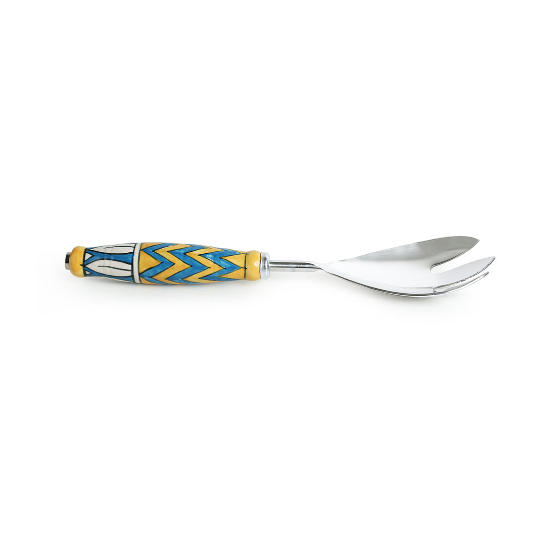 'The Mughal Paich Daar' Handpainted Serving Spoon & Fork Set In Stainless Steel & Ceramic (Set of 2)