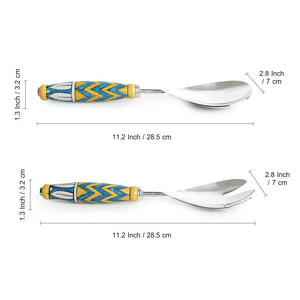 'The Mughal Paich Daar' Handpainted Serving Spoon & Fork Set In Stainless Steel & Ceramic (Set of 2)