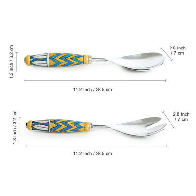 'The Mughal Paich Daar' Handpainted Serving Spoon & Fork Set In Stainless Steel & Ceramic (Set of 2)