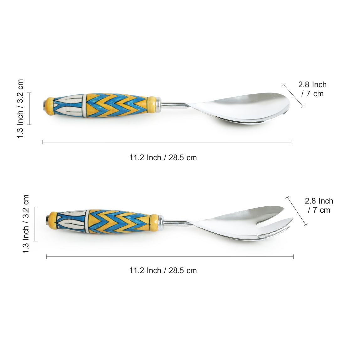 'The Mughal Paich Daar' Handpainted Serving Spoon & Fork Set In Stainless Steel & Ceramic (Set of 2)