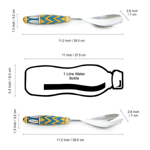 'The Mughal Paich Daar' Handpainted Serving Spoon & Fork Set In Stainless Steel & Ceramic (Set of 2)