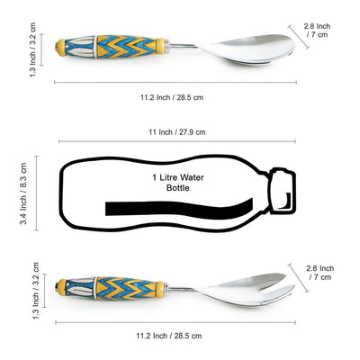 'The Mughal Paich Daar' Handpainted Serving Spoon & Fork Set In Stainless Steel & Ceramic (Set of 2)