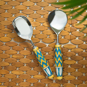 'The Mughal Paich Daar' Handpainted Serving Spoon Set In Stainless Steel & Ceramic (Set of 2)