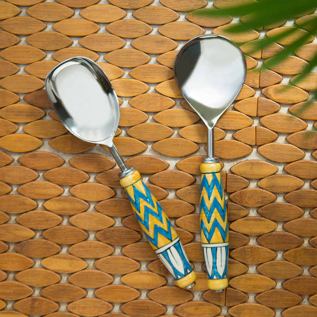 'The Mughal Paich Daar' Handpainted Serving Spoon Set In Stainless Steel & Ceramic (Set of 2)