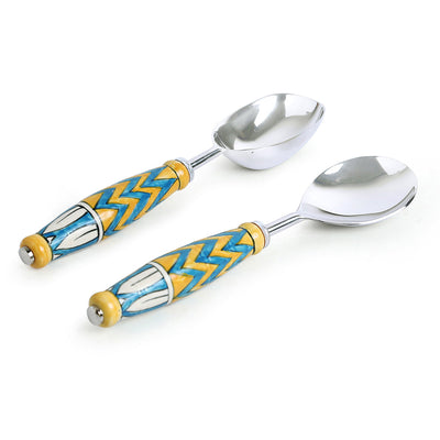 'The Mughal Paich Daar' Handpainted Serving Spoon Set In Stainless Steel & Ceramic (Set of 2)