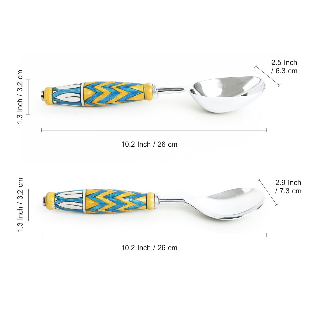 'The Mughal Paich Daar' Handpainted Serving Spoon Set In Stainless Steel & Ceramic (Set of 2)