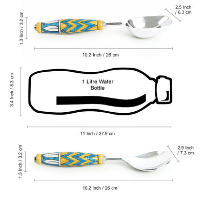 'The Mughal Paich Daar' Handpainted Serving Spoon Set In Stainless Steel & Ceramic (Set of 2)