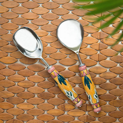 'The Mughal Patti' Handpainted Serving Spoon Set In Stainless Steel & Ceramic (Set of 2)
