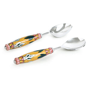 'The Mughal Patti' Handpainted Serving Spoon Set In Stainless Steel & Ceramic (Set of 2)