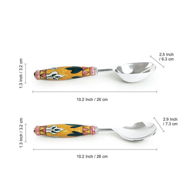 'The Mughal Patti' Handpainted Serving Spoon Set In Stainless Steel & Ceramic (Set of 2)