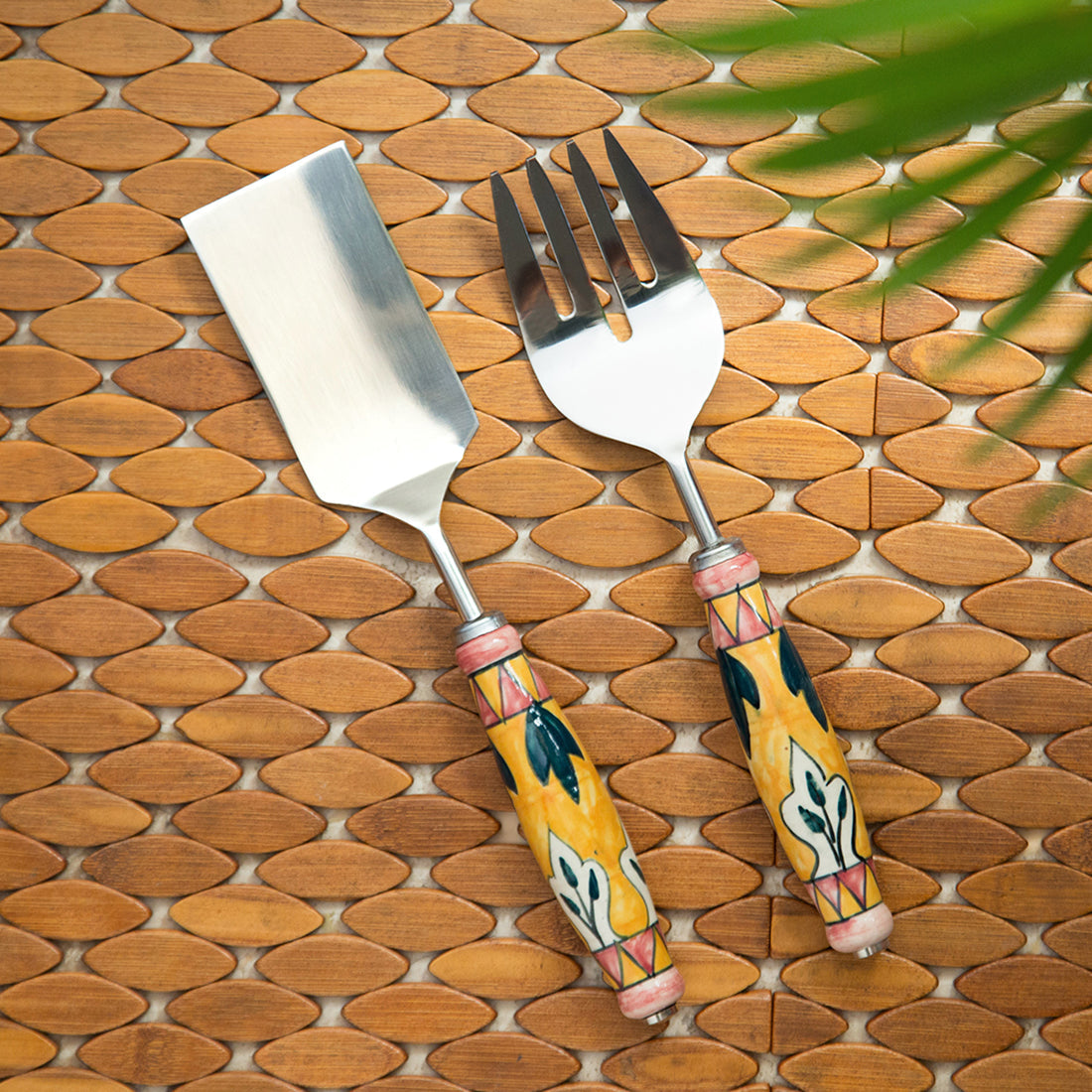 'The Mughal Patti' Handpainted Serving Fork & Scraper In Stainless Steel & Ceramic (Set of 2)