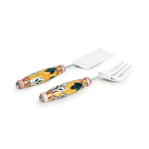 'The Mughal Patti' Handpainted Serving Fork & Scraper In Stainless Steel & Ceramic (Set of 2)