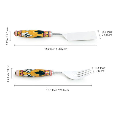 'The Mughal Patti' Handpainted Serving Fork & Scraper In Stainless Steel & Ceramic (Set of 2)