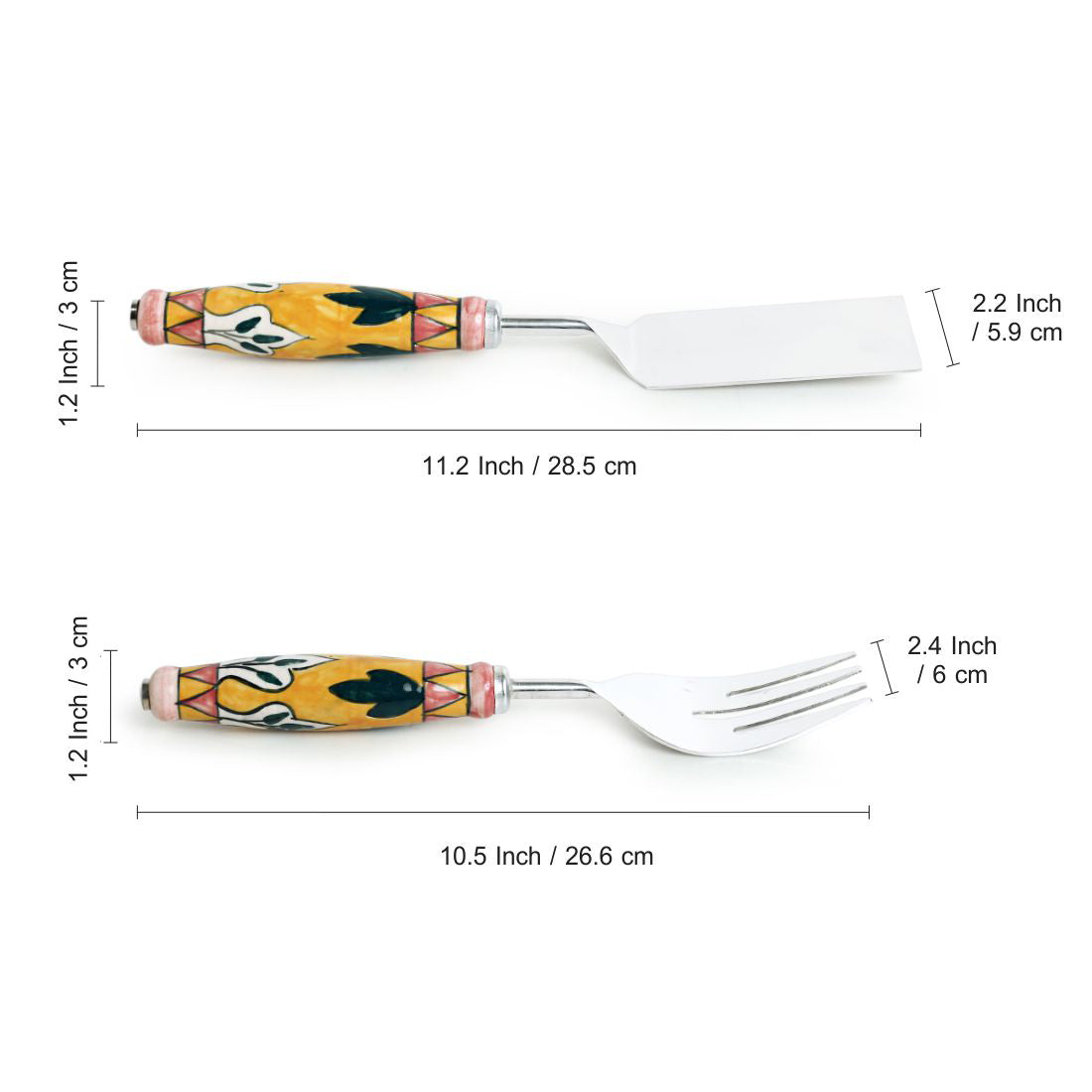 'The Mughal Patti' Handpainted Serving Fork & Scraper In Stainless Steel & Ceramic (Set of 2)