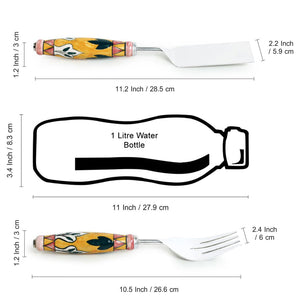 'The Mughal Patti' Handpainted Serving Fork & Scraper In Stainless Steel & Ceramic (Set of 2)