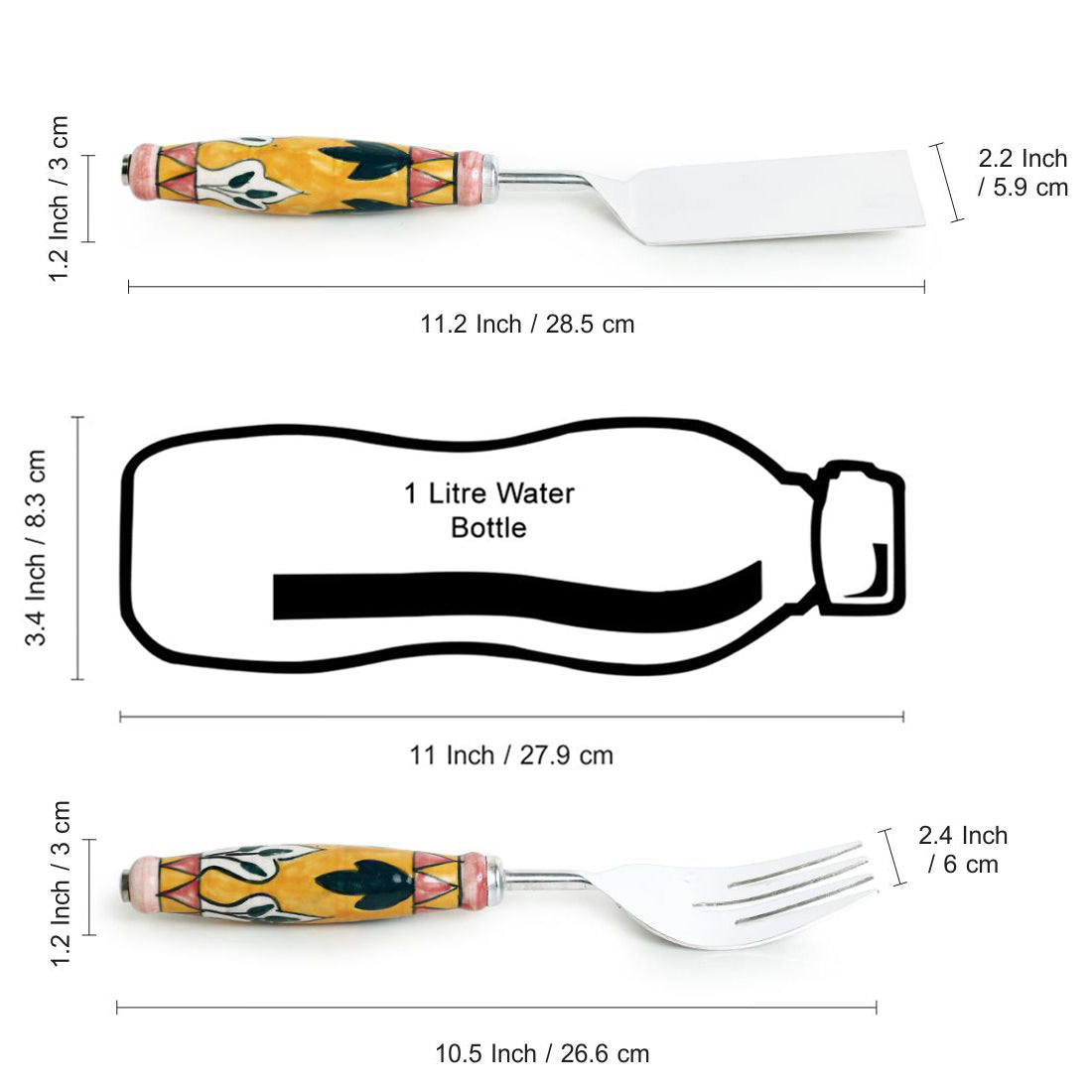 'The Mughal Patti' Handpainted Serving Fork & Scraper In Stainless Steel & Ceramic (Set of 2)