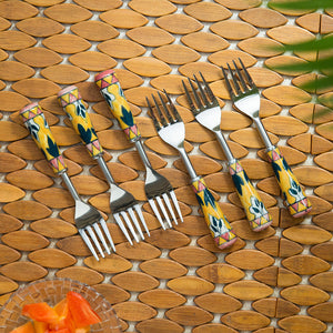 'The Mughal Patti' Handpainted Table Forks In Stainless Steel & Ceramic (Set of 6)