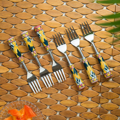 'The Mughal Patti' Handpainted Table Forks In Stainless Steel & Ceramic (Set of 6)