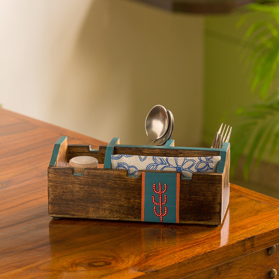 'Oasis Spaces' Handpainted Cutlery Holder In Mango Wood (4 Partitions)