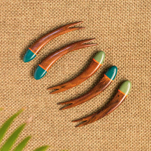 'The Peacock Must-Haves' Handpainted Fruit Forks In Sheesham Wood (Set of 5)