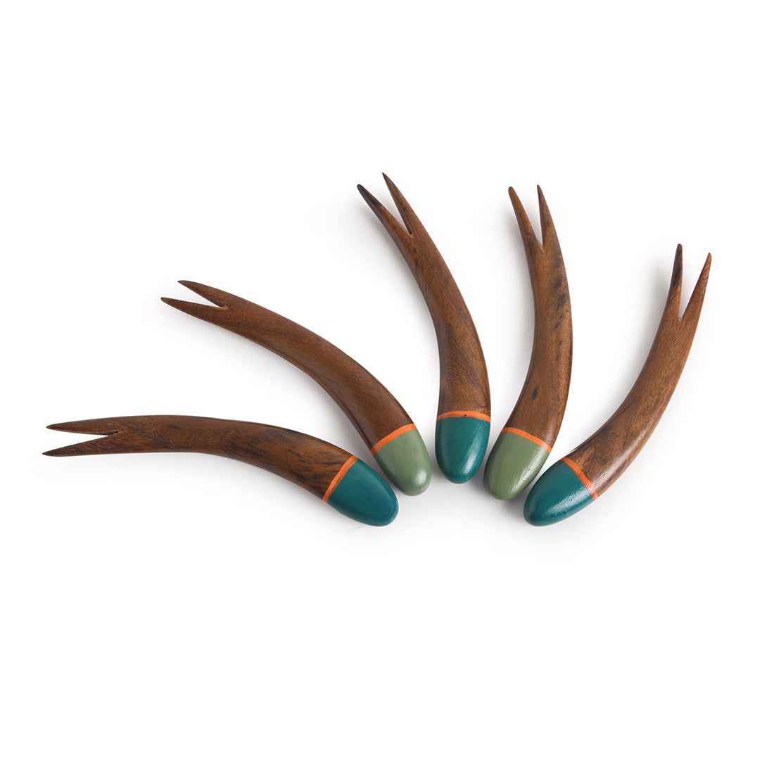 'The Peacock Must-Haves' Handpainted Fruit Forks In Sheesham Wood (Set of 5)