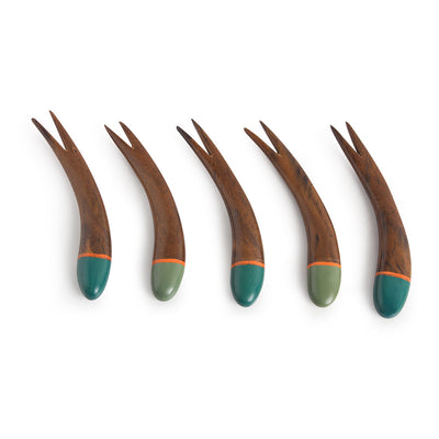 'The Peacock Must-Haves' Handpainted Fruit Forks In Sheesham Wood (Set of 5)