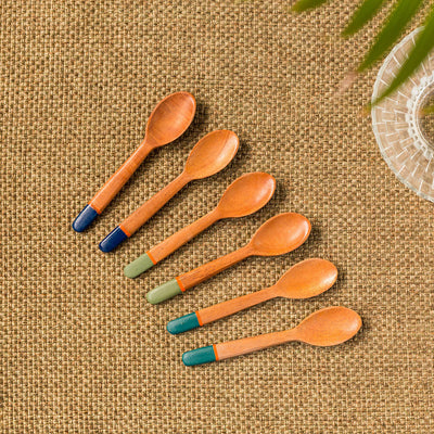 'The Peacock Spoonfuls' Handpainted Teaspoons In Neem Wood (Set of 6, 4.8 Inch)