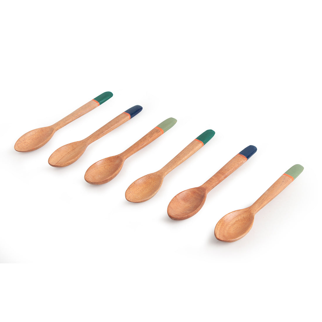 'The Peacock Spoonfuls' Handpainted Teaspoons In Neem Wood (Set of 6, 4.8 Inch)