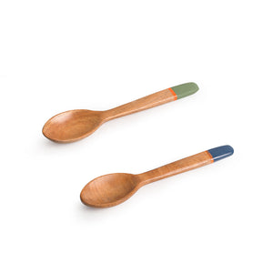 'The Peacock Spoonfuls' Handpainted Teaspoons In Neem Wood (Set of 6, 4.8 Inch)