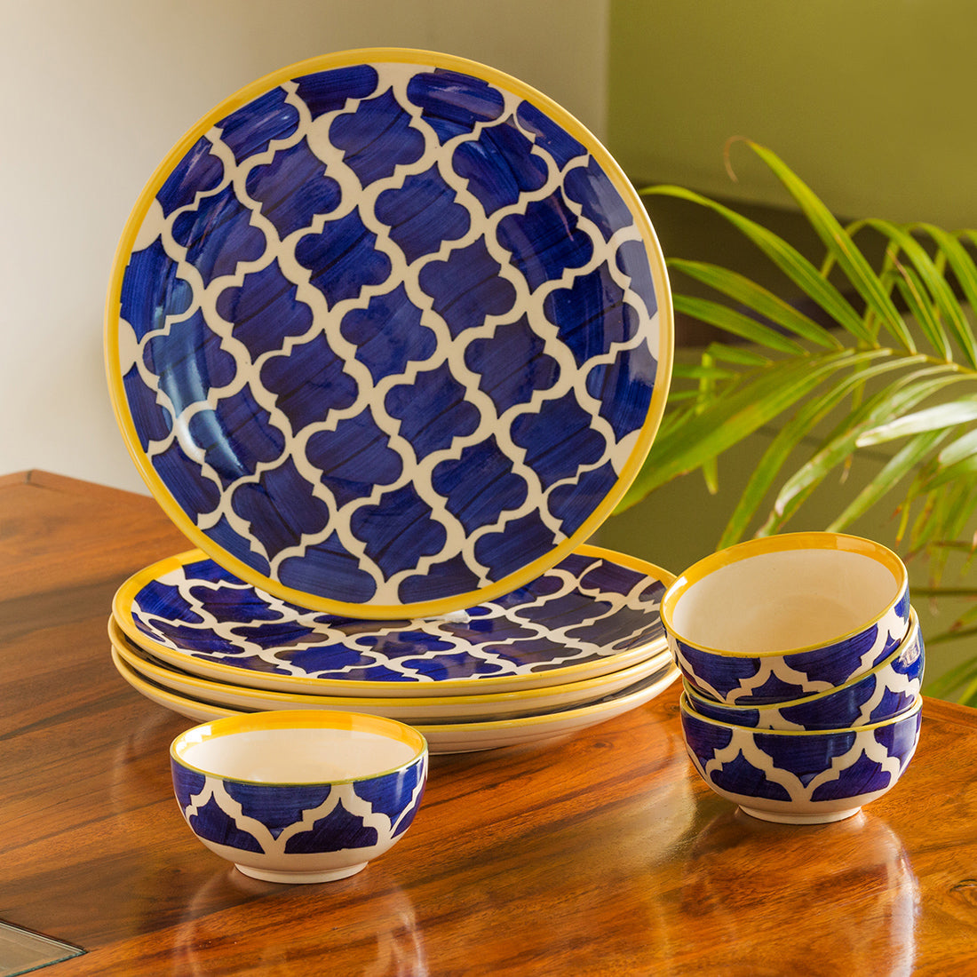 Blue - 'Moroccan Dining' Handpainted Ceramic Dinner Plates With Katoris (8 Pieces, Serving for 4)