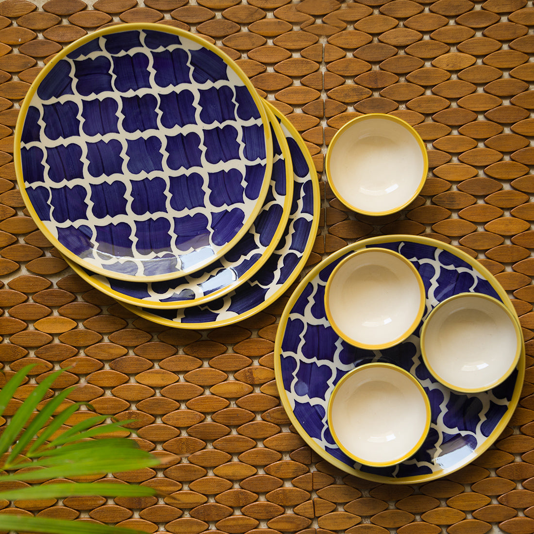 Blue - 'Moroccan Dining' Handpainted Ceramic Dinner Plates With Katoris (8 Pieces, Serving for 4)