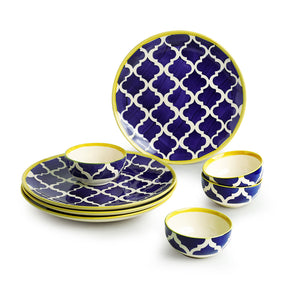 Blue - 'Moroccan Dining' Handpainted Ceramic Dinner Plates With Katoris (8 Pieces, Serving for 4)