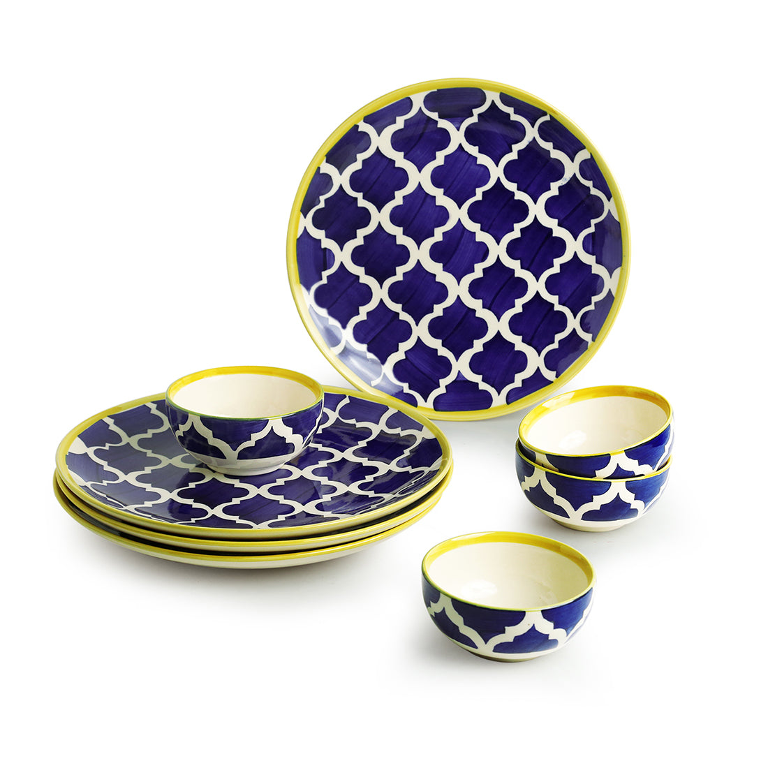 Blue - 'Moroccan Dining' Handpainted Ceramic Dinner Plates With Katoris (8 Pieces, Serving for 4)