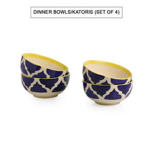 Blue - 'Moroccan Dining' Handpainted Ceramic Dinner Plates With Katoris (8 Pieces, Serving for 4)