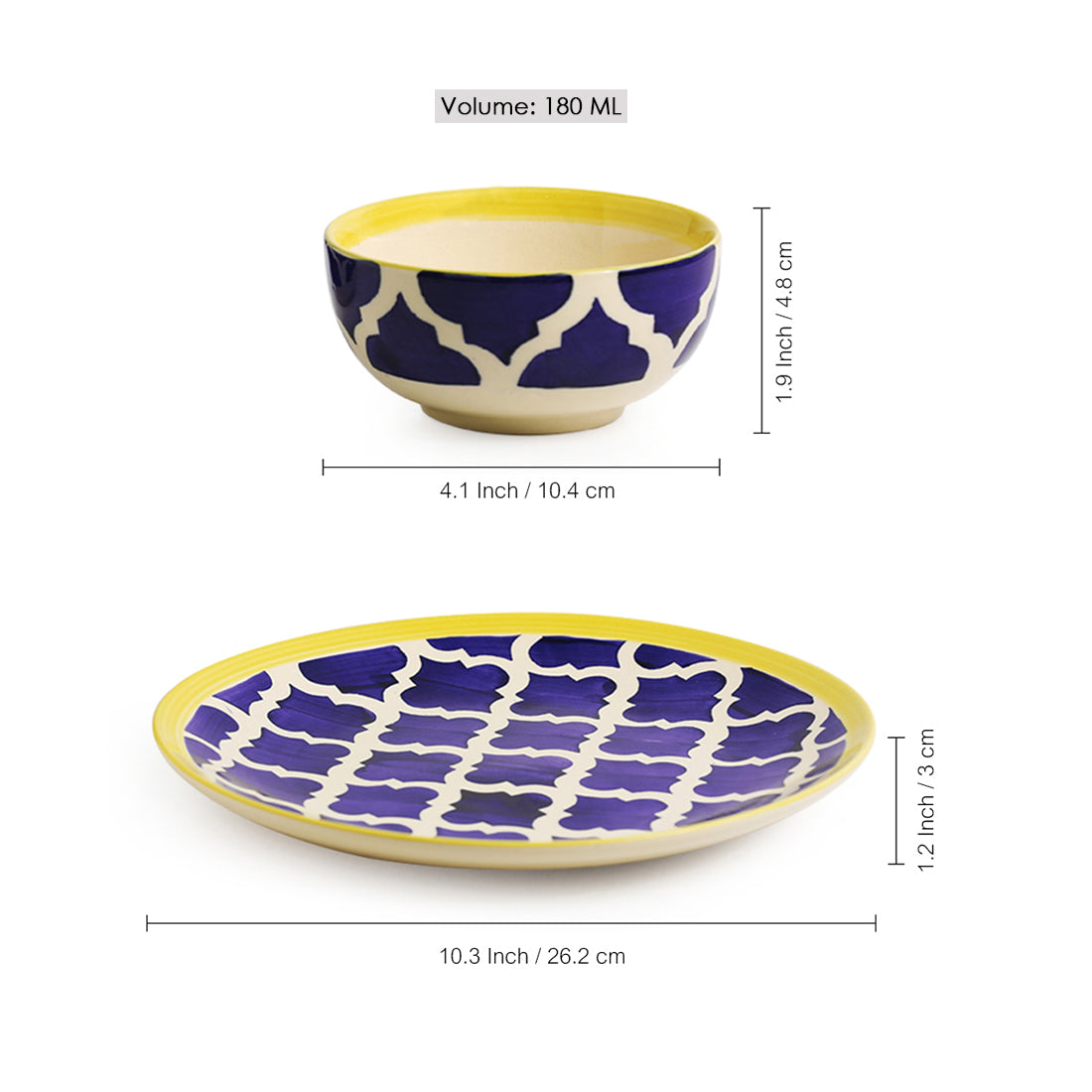 Blue - 'Moroccan Dining' Handpainted Ceramic Dinner Plates With Katoris (8 Pieces, Serving for 4)