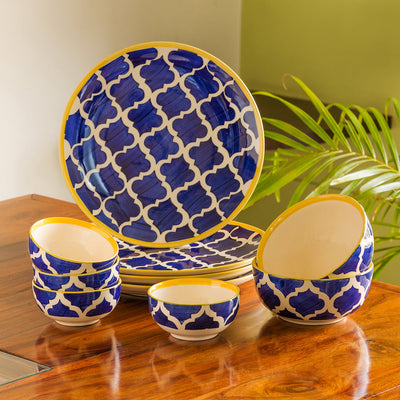 Blue - 'Moroccan Dining' Handpainted Ceramic Dinner Plates With Katoris & Serving Bowls (10 Pieces, Serving for 4)