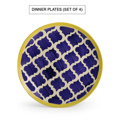 Blue - 'Moroccan Dining' Handpainted Ceramic Dinner Plates With Katoris & Serving Bowls (10 Pieces, Serving for 4)